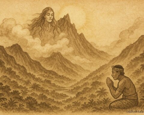 An illustration of Tahitian mountain spirit above clouds with a chief praying below — Polynesian folktale scene.