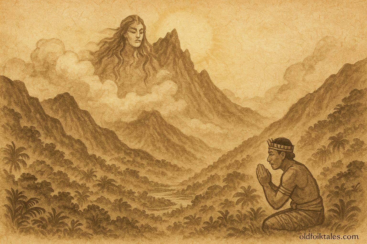 An illustration of Tahitian mountain spirit above clouds with a chief praying below — Polynesian folktale scene.
