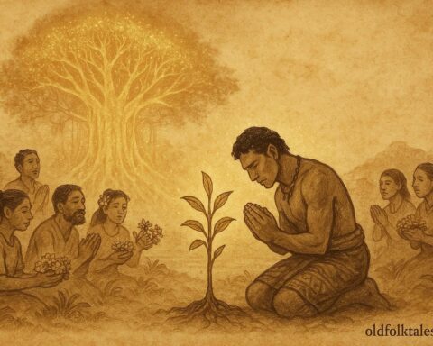 An illustration of Tanoa kneeling before a banyan sapling as the spirit of the sacred tree glows above, Tongan folktale.