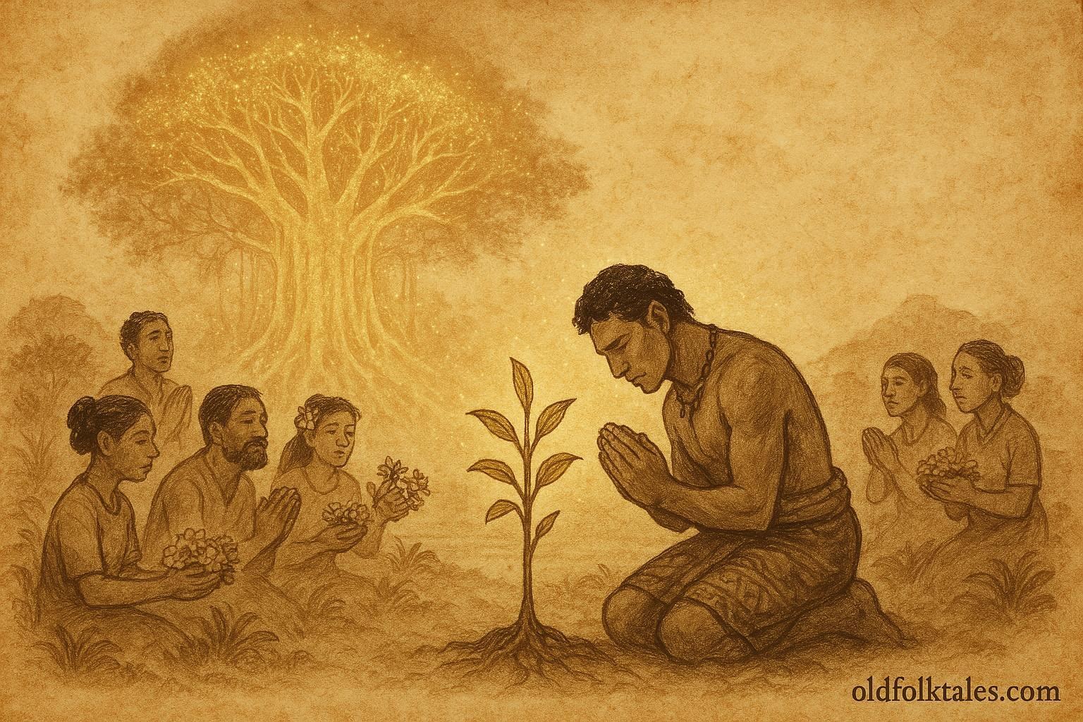 An illustration of Tanoa kneeling before a banyan sapling as the spirit of the sacred tree glows above, Tongan folktale.