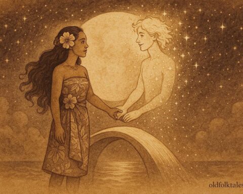An illustration of Aroha and the celestial youth ascending into the stars, symbolizing eternal Tahitian love.