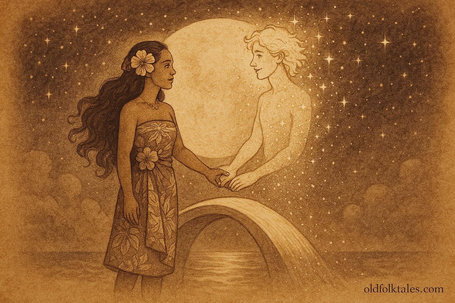 An illustration of Aroha and the celestial youth ascending into the stars, symbolizing eternal Tahitian love.