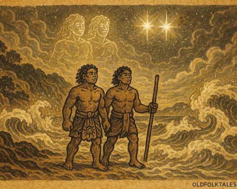 An illustration of Tongan twin brothers turning into twin stars above calm seas after a storm.