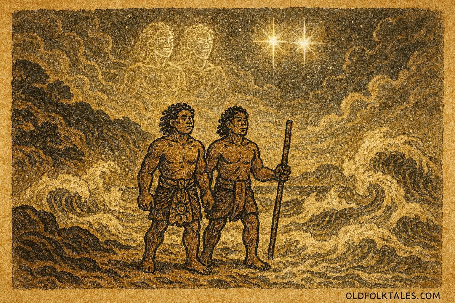 An illustration of Tongan twin brothers turning into twin stars above calm seas after a storm.