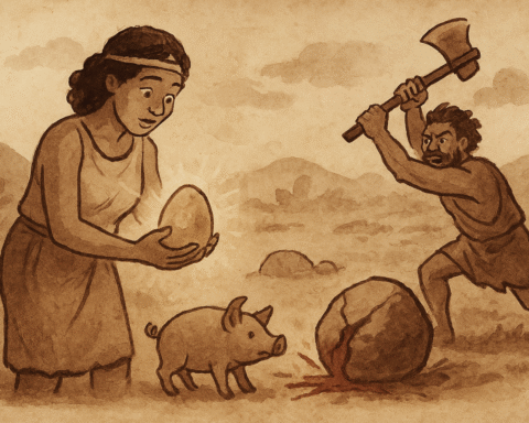 Sepia illustration of an Enga woman with a glowing stone as a piglet emerges and a man raises an axe to break it.