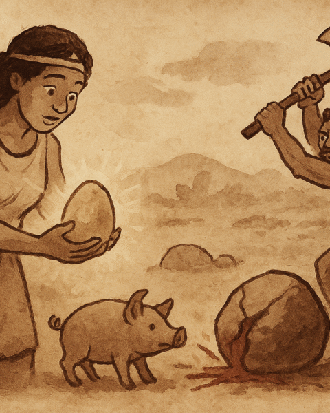 Sepia illustration of an Enga woman with a glowing stone as a piglet emerges and a man raises an axe to break it.