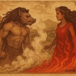 An illustration of Kamapua‘a the boar god confronting Pele the fire goddess, Hawaiian folktale scene.