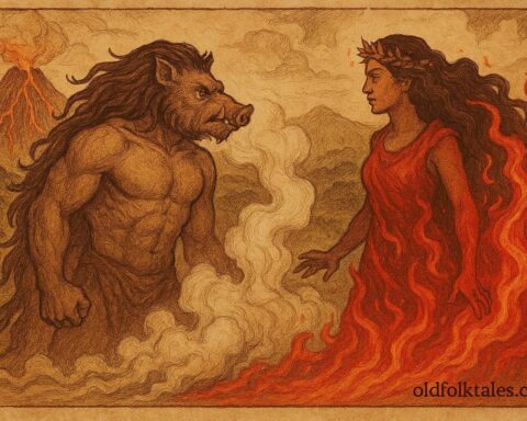 An illustration of Kamapua‘a the boar god confronting Pele the fire goddess, Hawaiian folktale scene.