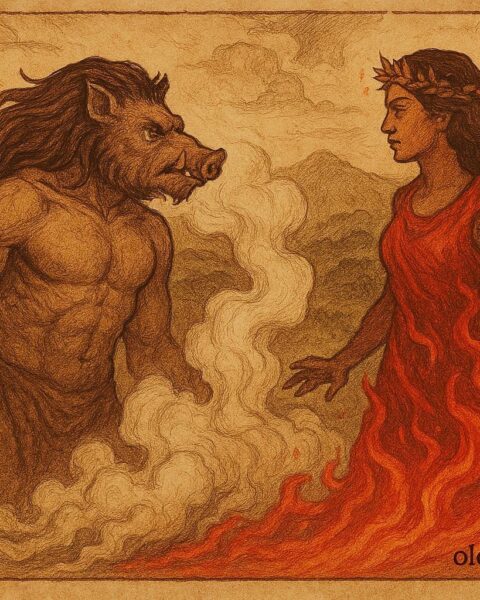 An illustration of Kamapua‘a the boar god confronting Pele the fire goddess, Hawaiian folktale scene.