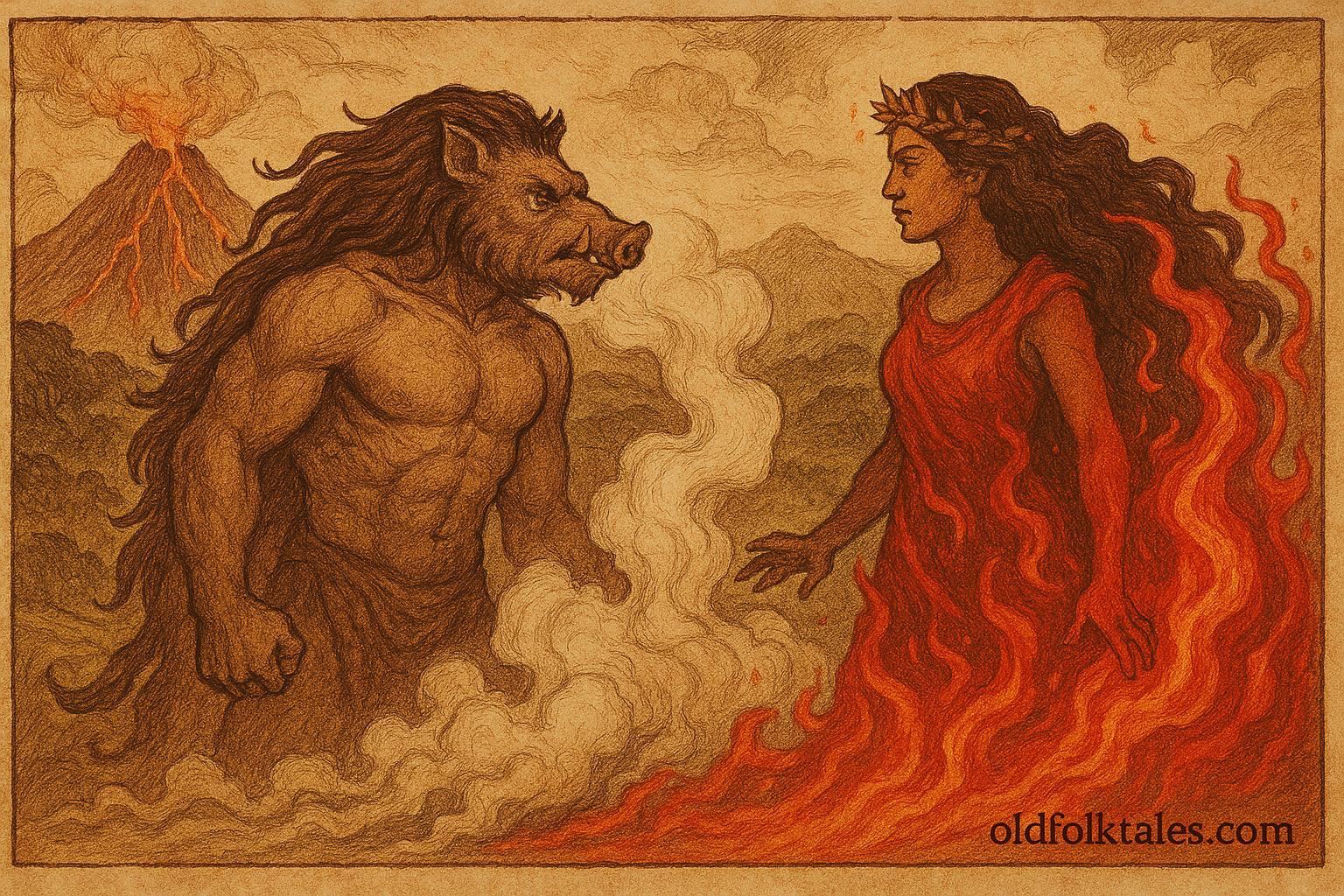 An illustration of Kamapua‘a the boar god confronting Pele the fire goddess, Hawaiian folktale scene.