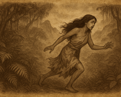 A sepia parchment-style illustration of the Fijian chief’s daughter fleeing barefoot through a mist-covered cloud forest on Taveuni Island, her torn wedding garments trailing behind her as she escapes an arranged marriage, symbolizing the sorrow that would give rise to the sacred Tagimoucia flower.