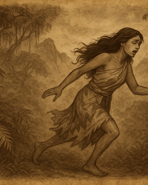 A sepia parchment-style illustration of the Fijian chief’s daughter fleeing barefoot through a mist-covered cloud forest on Taveuni Island, her torn wedding garments trailing behind her as she escapes an arranged marriage, symbolizing the sorrow that would give rise to the sacred Tagimoucia flower.