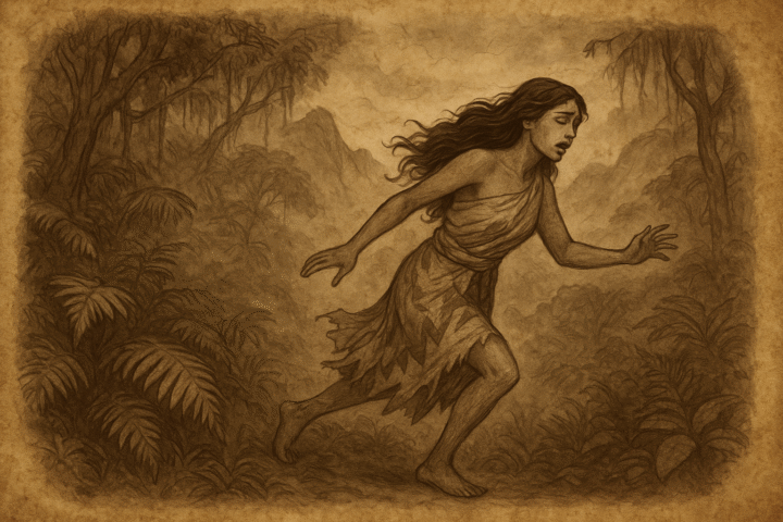A sepia parchment-style illustration of the Fijian chief’s daughter fleeing barefoot through a mist-covered cloud forest on Taveuni Island, her torn wedding garments trailing behind her as she escapes an arranged marriage, symbolizing the sorrow that would give rise to the sacred Tagimoucia flower.