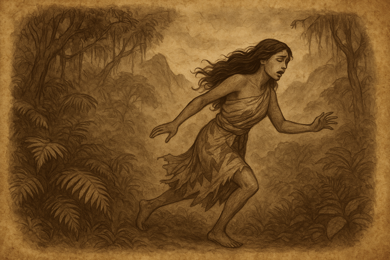 A sepia parchment-style illustration of the Fijian chief’s daughter fleeing barefoot through a mist-covered cloud forest on Taveuni Island, her torn wedding garments trailing behind her as she escapes an arranged marriage, symbolizing the sorrow that would give rise to the sacred Tagimoucia flower.