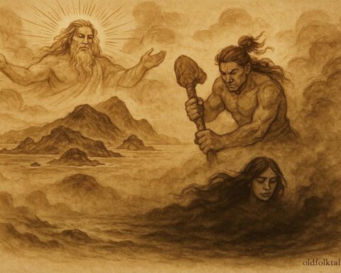 An illustration of the three Tongan gods Tangaloa, Maui, and Hikule‘o shaping the heavens, earth, and Pulotu.