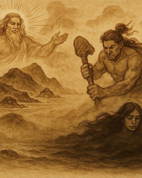 An illustration of the three Tongan gods Tangaloa, Maui, and Hikule‘o shaping the heavens, earth, and Pulotu.