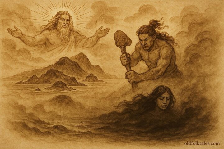 An illustration of the three Tongan gods Tangaloa, Maui, and Hikule‘o shaping the heavens, earth, and Pulotu.
