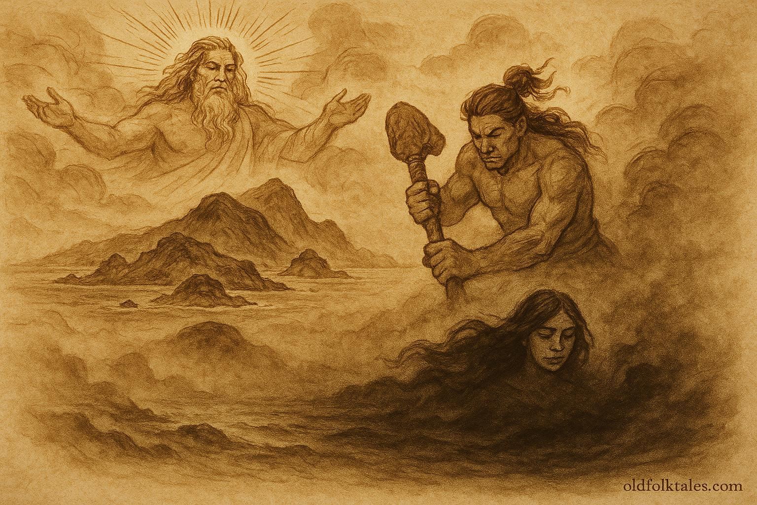 An illustration of the three Tongan gods Tangaloa, Maui, and Hikule‘o shaping the heavens, earth, and Pulotu.
