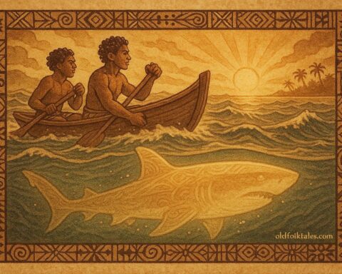 “Two brothers in a canoe guided by the glowing shark god Saumaeafe across the Polynesian sea toward Samoa.”