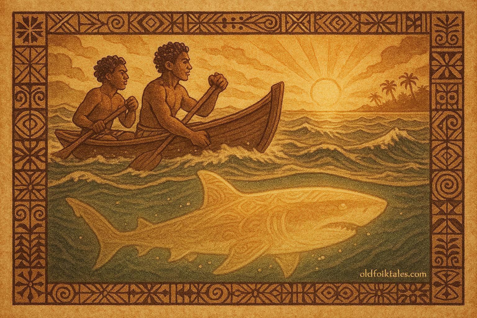 “Two brothers in a canoe guided by the glowing shark god Saumaeafe across the Polynesian sea toward Samoa.”