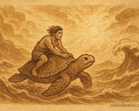 An illustration of a Tongan fisherman riding a turtle through waves — Polynesian folktale scene.