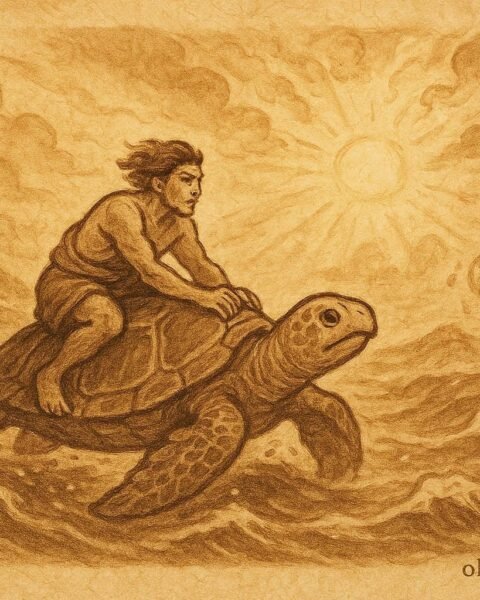 An illustration of a Tongan fisherman riding a turtle through waves — Polynesian folktale scene.