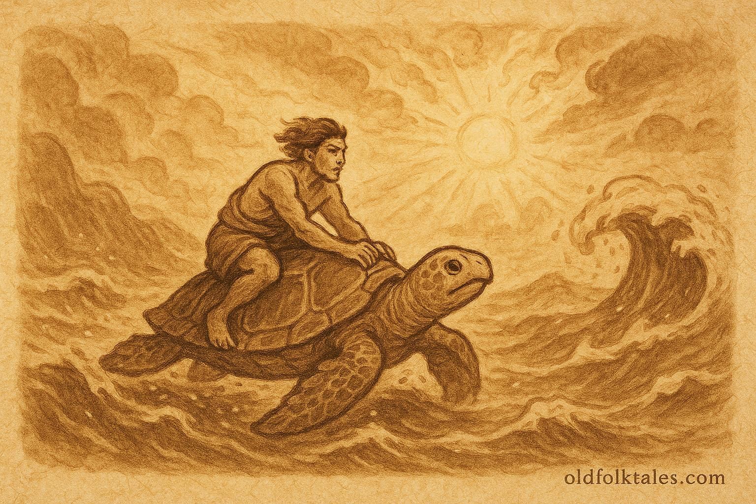 An illustration of a Tongan fisherman riding a turtle through waves — Polynesian folktale scene.