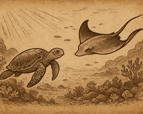 Sepia-toned parchment illustration of a wise sea turtle and a sleek stingray racing through coral reefs beneath clear Fijian waters, inspired by a Melanesian folktale.