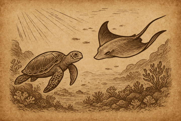 Sepia-toned parchment illustration of a wise sea turtle and a sleek stingray racing through coral reefs beneath clear Fijian waters, inspired by a Melanesian folktale.