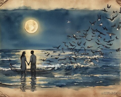 Two lovers by the moonlit sea transforming into seabirds Marshall Islands folktale scene