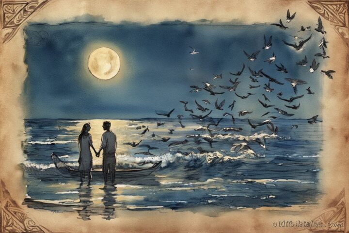 Two lovers by the moonlit sea transforming into seabirds Marshall Islands folktale scene