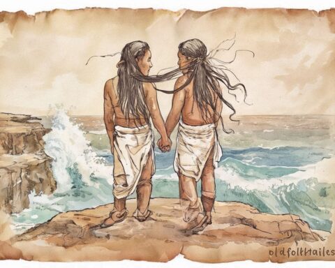 Two Chamorro lovers on a cliff above the sea, symbolizing eternal love in a Guam legend.