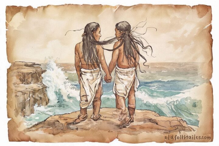 Two Chamorro lovers on a cliff above the sea, symbolizing eternal love in a Guam legend.