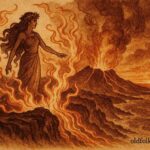 An illustration of Pele, Hawaiian volcano goddess, standing over fiery Kīlauea crater.