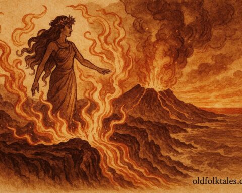 An illustration of Pele, Hawaiian volcano goddess, standing over fiery Kīlauea crater.