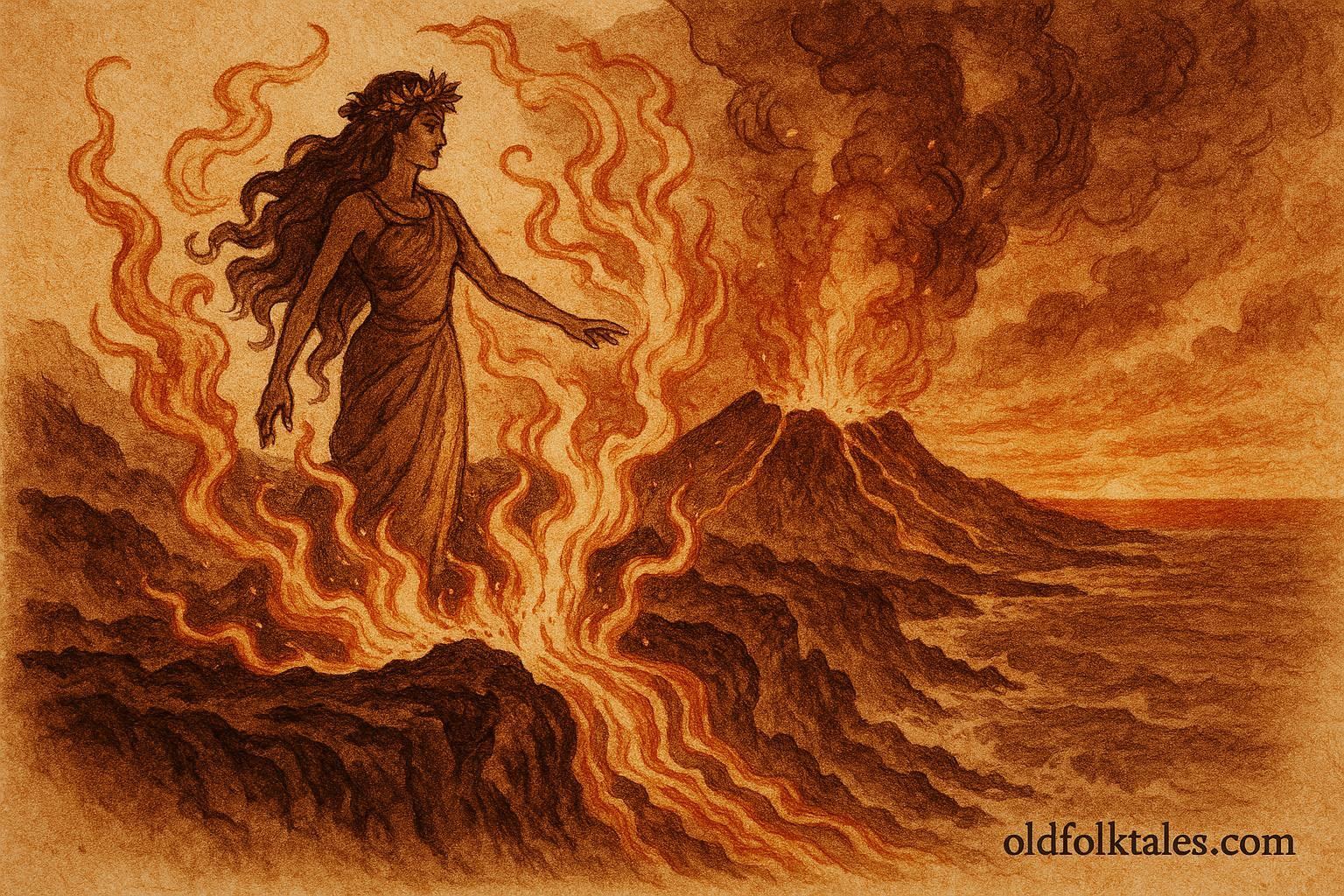 An illustration of Pele, Hawaiian volcano goddess, standing over fiery Kīlauea crater.
