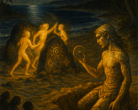 Illustration of the glowing golden spirit beings known as the Yellow Men dance across the sand near dark volcanic rocks etched with radiant sun-patterns.