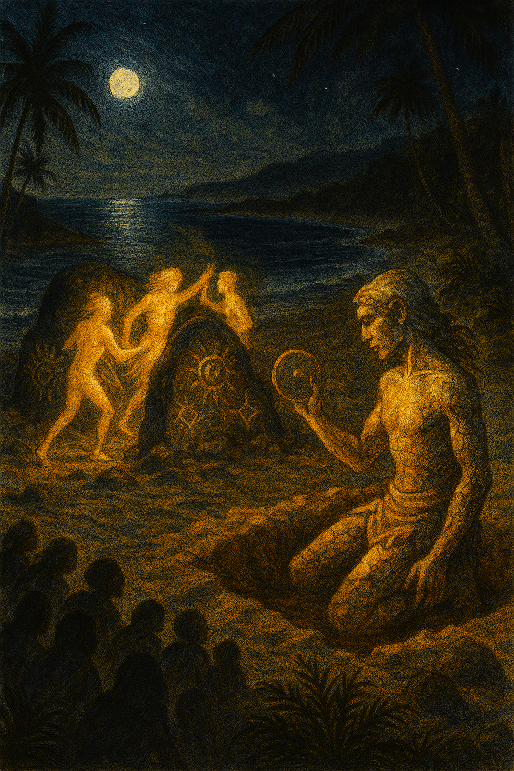 Illustration of the glowing golden spirit beings known as the Yellow Men dance across the sand near dark volcanic rocks etched with radiant sun-patterns.