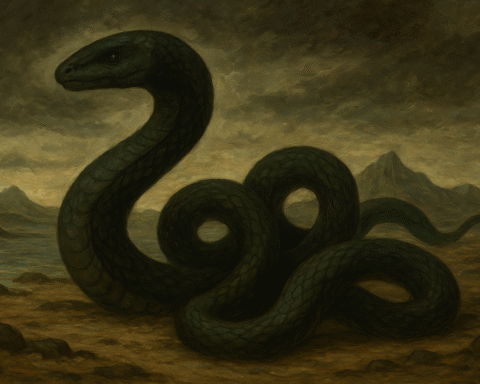 A sepia-toned folk-style illustration of Kahausibware, the great serpent mother of creation, winding across the barren islands of Makira as life begins to bloom around her palms rising from the earth, birds taking flight, and the sea shimmering with sacred light, symbolizing the birth of abundance and connection between land, ocean, and spirit.