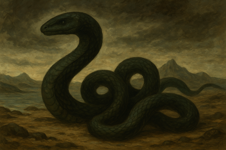 A sepia-toned folk-style illustration of Kahausibware, the great serpent mother of creation, winding across the barren islands of Makira as life begins to bloom around her palms rising from the earth, birds taking flight, and the sea shimmering with sacred light, symbolizing the birth of abundance and connection between land, ocean, and spirit.