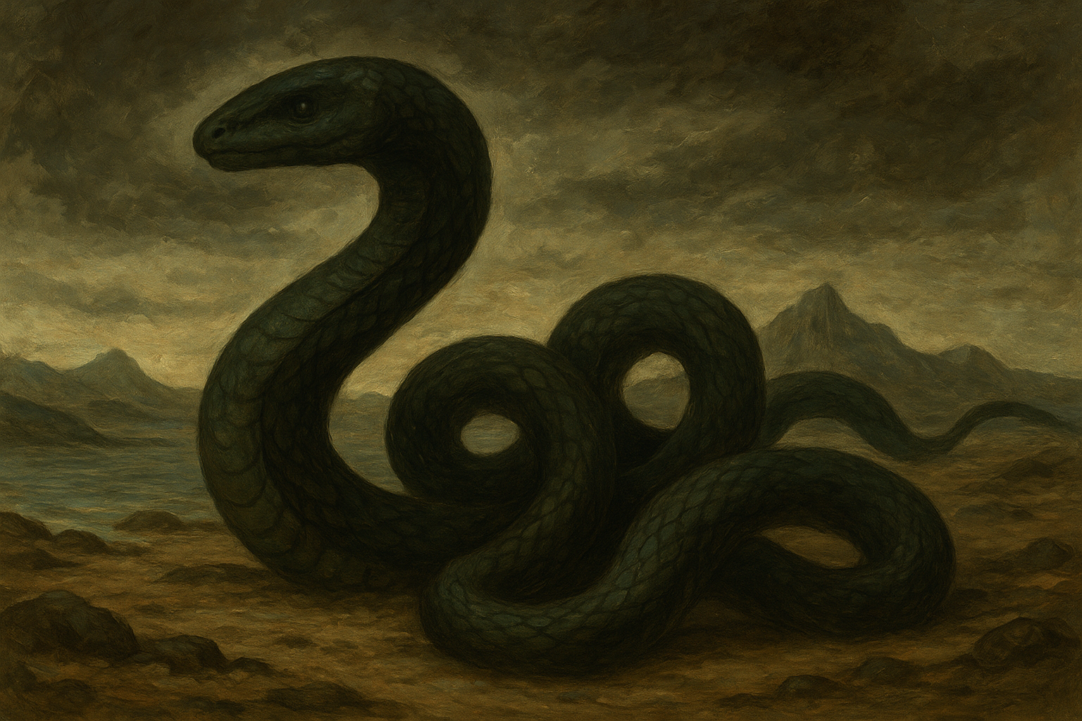 A sepia-toned folk-style illustration of Kahausibware, the great serpent mother of creation, winding across the barren islands of Makira as life begins to bloom around her palms rising from the earth, birds taking flight, and the sea shimmering with sacred light, symbolizing the birth of abundance and connection between land, ocean, and spirit.