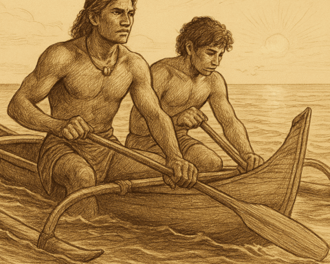 A sepia-toned illustration shows two Polynesian brothers paddling a traditional outrigger canoe across calm ocean waters under a rising sun. The older brother sits at the stern, focused and determined, while the younger brother at the bow gazes thoughtfully at the water. Both wear patterned loincloths and grip wooden paddles. The canoe features a curved prow and a bamboo outrigger. Gentle waves ripple around them, seabirds soar overhead, and the horizon glows with early morning light. The vintage style and warm sepia tones evoke timelessness and quiet reverence.