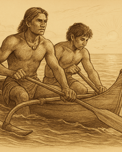 A sepia-toned illustration shows two Polynesian brothers paddling a traditional outrigger canoe across calm ocean waters under a rising sun. The older brother sits at the stern, focused and determined, while the younger brother at the bow gazes thoughtfully at the water. Both wear patterned loincloths and grip wooden paddles. The canoe features a curved prow and a bamboo outrigger. Gentle waves ripple around them, seabirds soar overhead, and the horizon glows with early morning light. The vintage style and warm sepia tones evoke timelessness and quiet reverence.