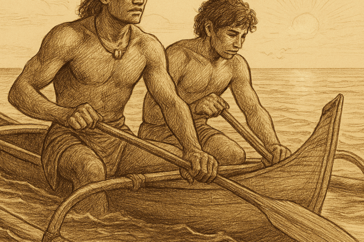 A sepia-toned illustration shows two Polynesian brothers paddling a traditional outrigger canoe across calm ocean waters under a rising sun. The older brother sits at the stern, focused and determined, while the younger brother at the bow gazes thoughtfully at the water. Both wear patterned loincloths and grip wooden paddles. The canoe features a curved prow and a bamboo outrigger. Gentle waves ripple around them, seabirds soar overhead, and the horizon glows with early morning light. The vintage style and warm sepia tones evoke timelessness and quiet reverence.