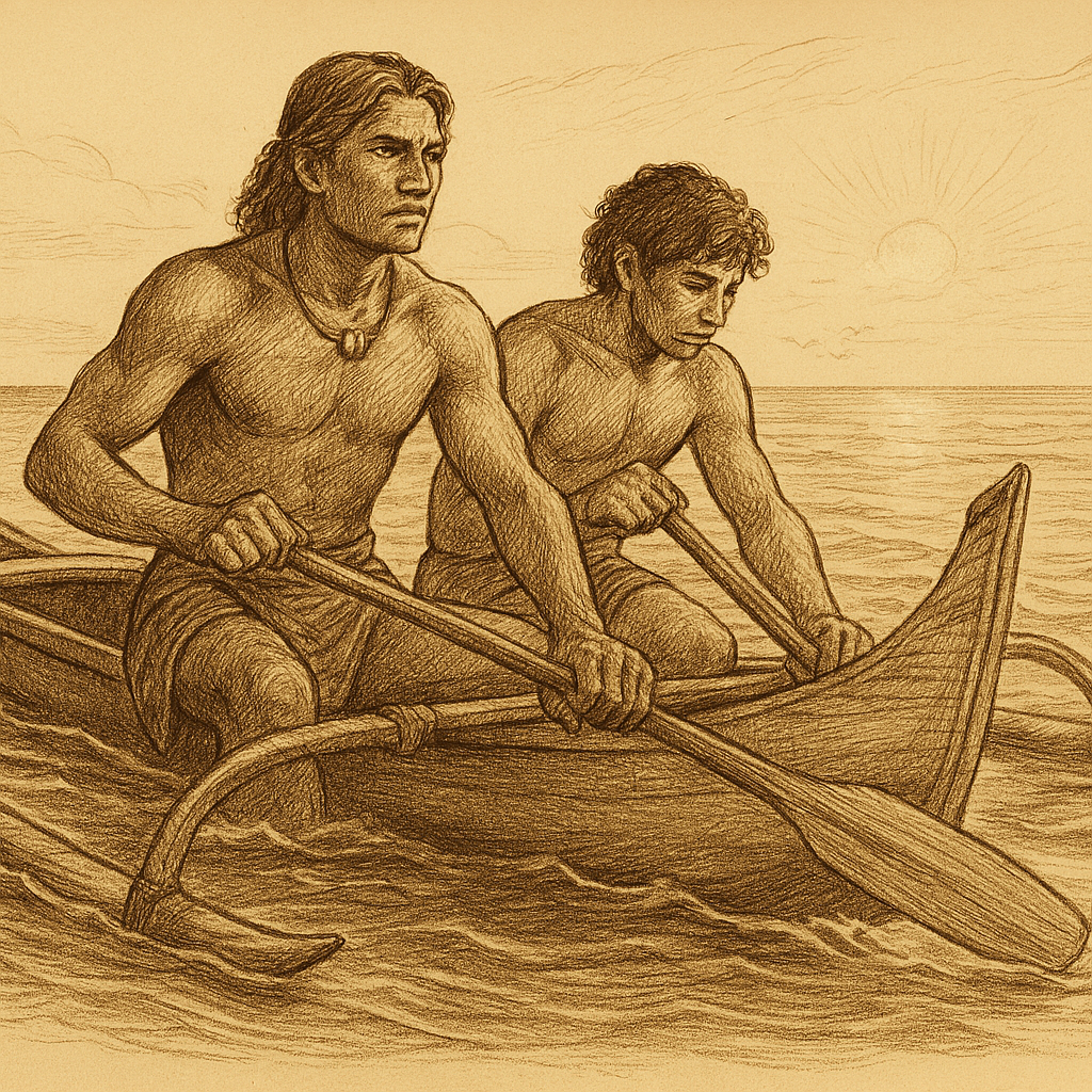 A sepia-toned illustration shows two Polynesian brothers paddling a traditional outrigger canoe across calm ocean waters under a rising sun. The older brother sits at the stern, focused and determined, while the younger brother at the bow gazes thoughtfully at the water. Both wear patterned loincloths and grip wooden paddles. The canoe features a curved prow and a bamboo outrigger. Gentle waves ripple around them, seabirds soar overhead, and the horizon glows with early morning light. The vintage style and warm sepia tones evoke timelessness and quiet reverence.