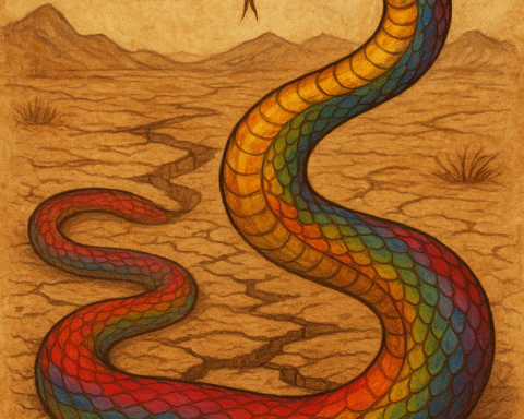 Sepia parchment illustration of the Rainbow Snake emerging from cracked earth, her rainbow scales glowing against the dry land.