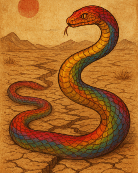 Sepia parchment illustration of the Rainbow Snake emerging from cracked earth, her rainbow scales glowing against the dry land.