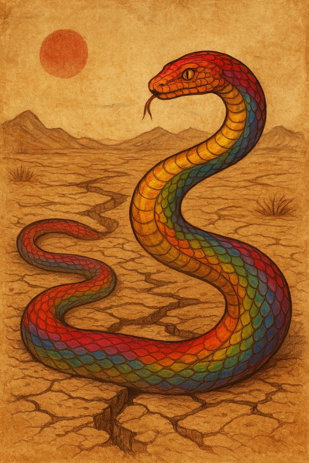 Sepia parchment illustration of the Rainbow Snake emerging from cracked earth, her rainbow scales glowing against the dry land.