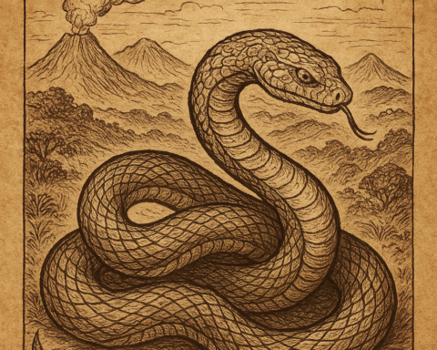 A parchment-style illustration of Degei, the Fijian serpent creator god, depicted as a massive coiled snake with sacred patterns, emerging from the earth among mountains and storm clouds, symbolizing his power over creation, judgment, and the natural world.