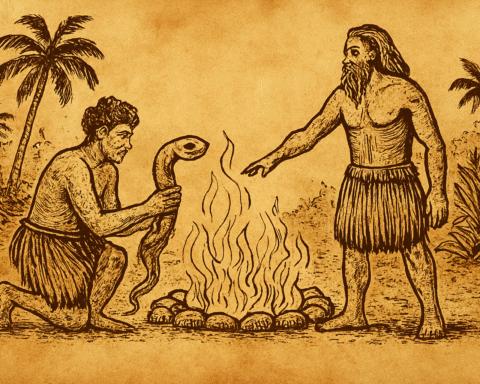 Sepia-toned parchment illustration of a Fijian firewalking legend. A young man kneels, holding a spirit eel emerging from the earth, while an elder stands across a pit of glowing stones, gesturing toward the flames. Palm trees and tropical foliage frame the scene in a traditional ink style
